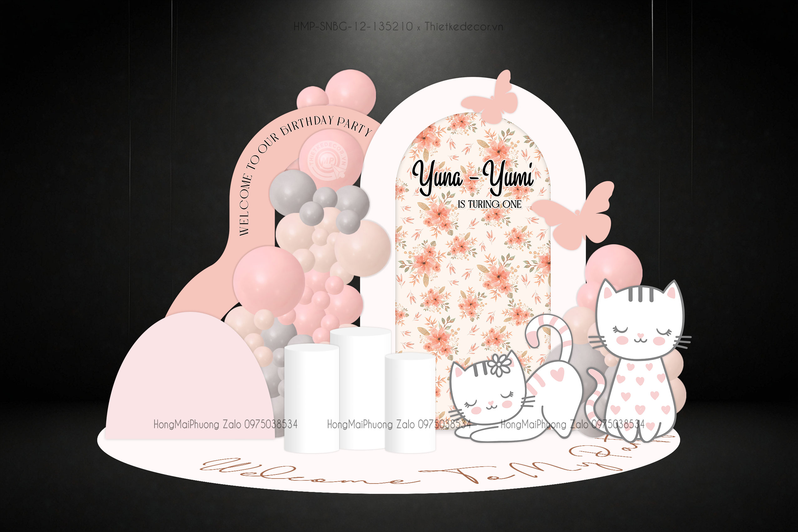 Sinh nhật bé gái sinh đôi chủ đề con mèo tone hồng